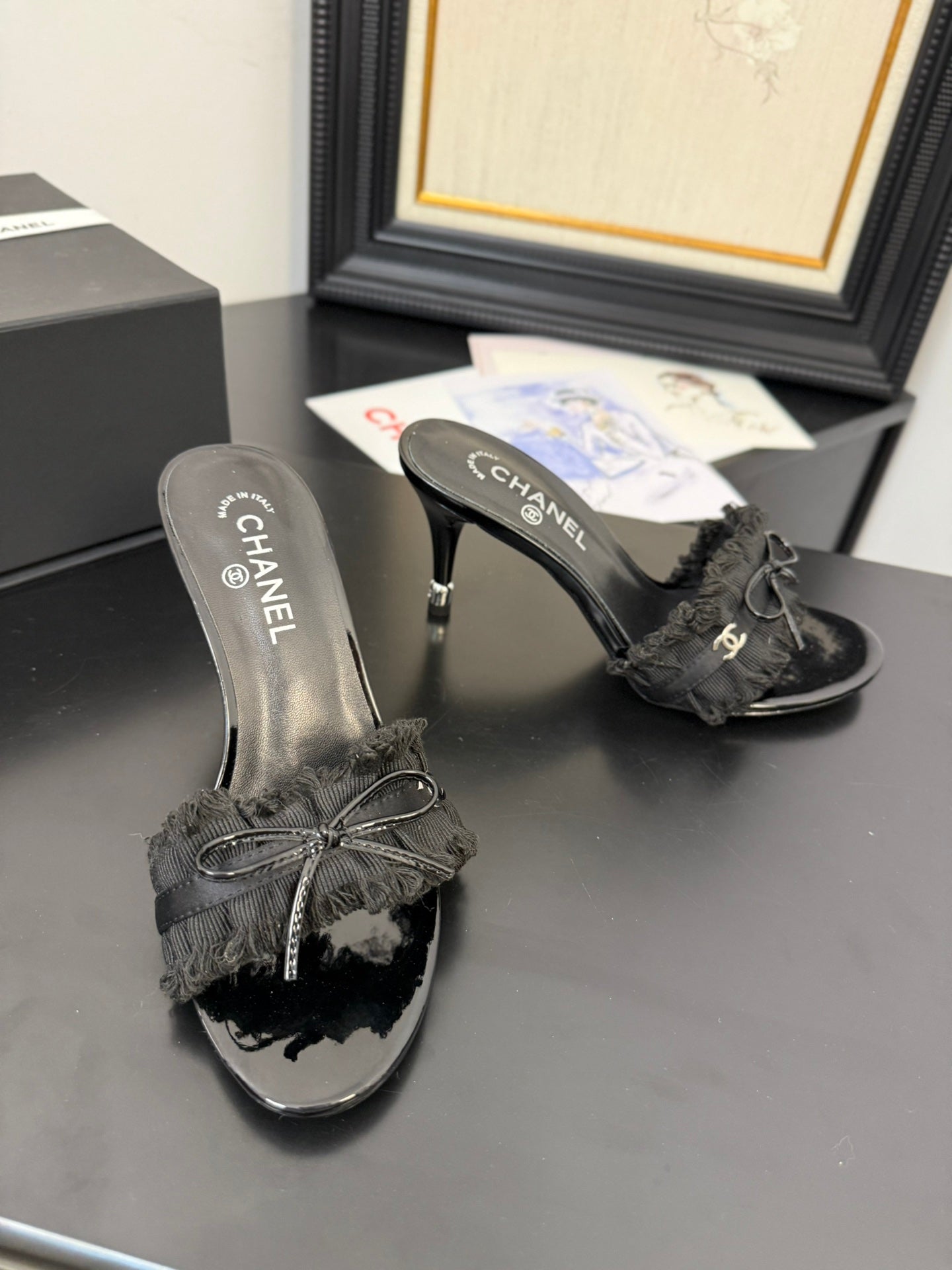 CHANEL BLACK GROSGRAIN CANVAS BOW MULE SANDALS 90 MM