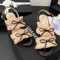 CHANEL PEACH PINK GROSGRAIN CANVAS BOW SLINGBACK SANDALS 65 MM
