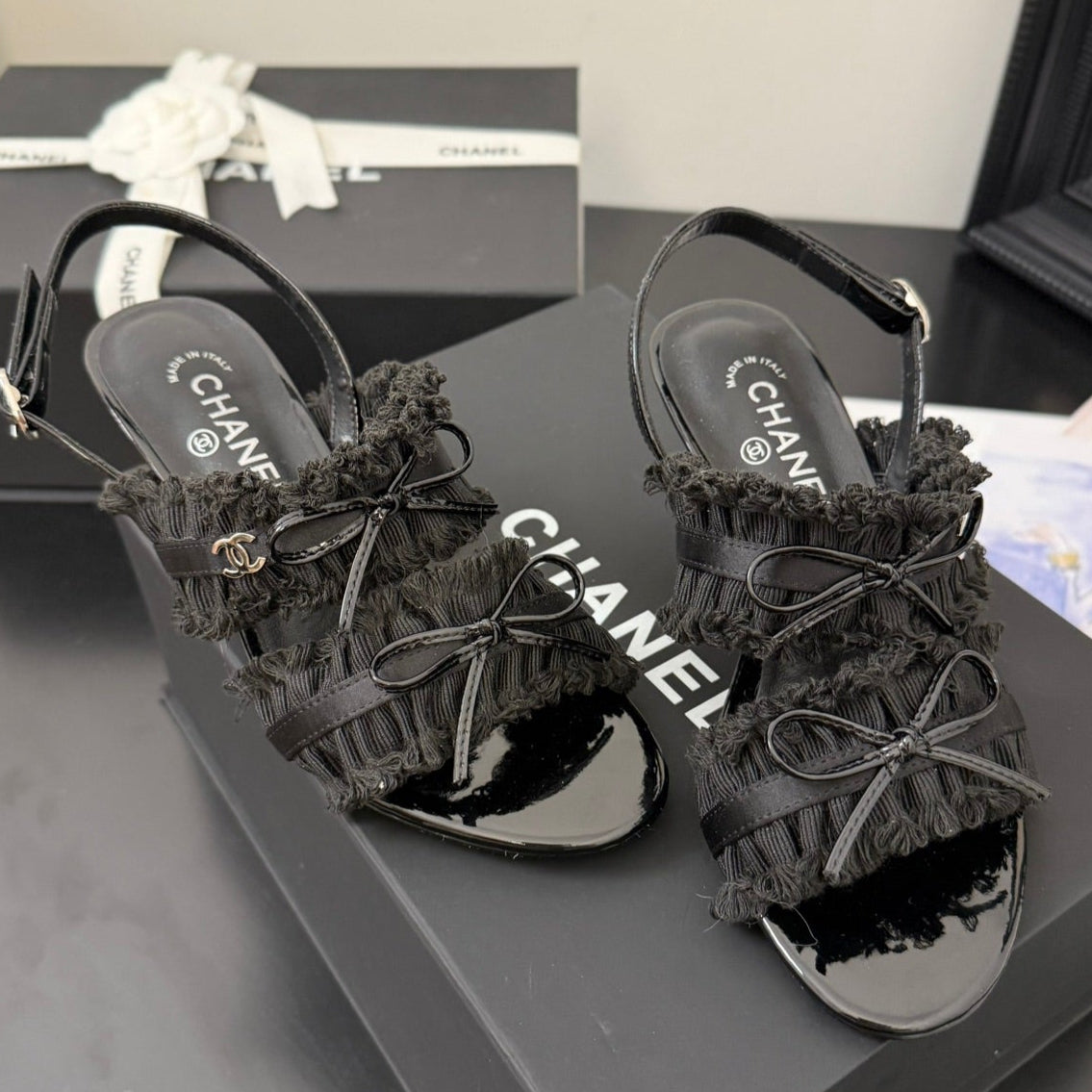 CHANEL BLACK GROSGRAIN CANVAS BOW SLINGBACK SANDALS 65 MM