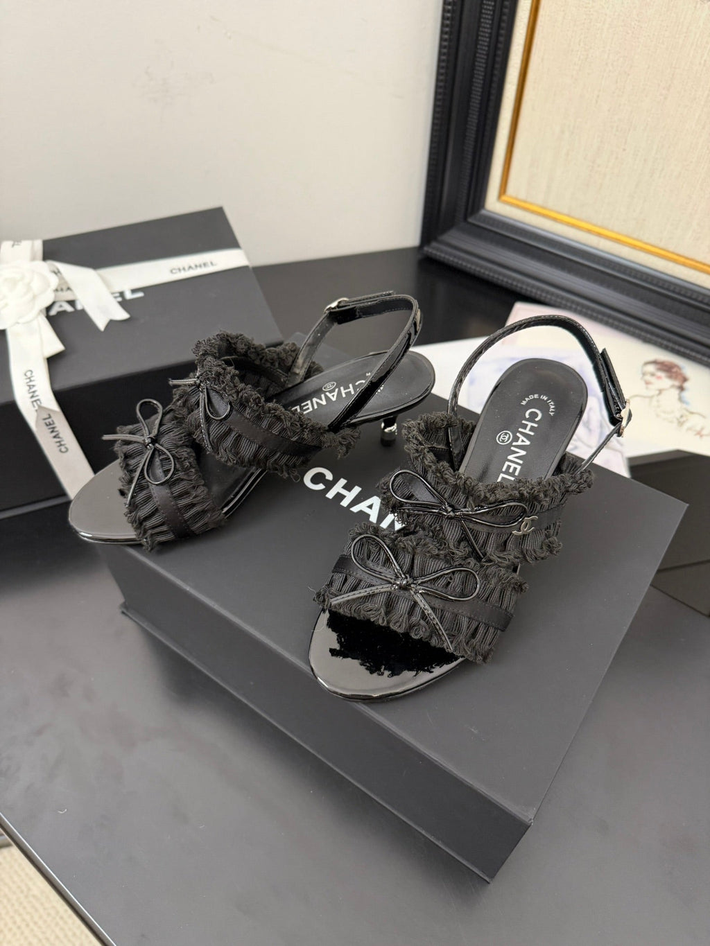 CHANEL BLACK GROSGRAIN CANVAS BOW SLINGBACK SANDALS 65 MM