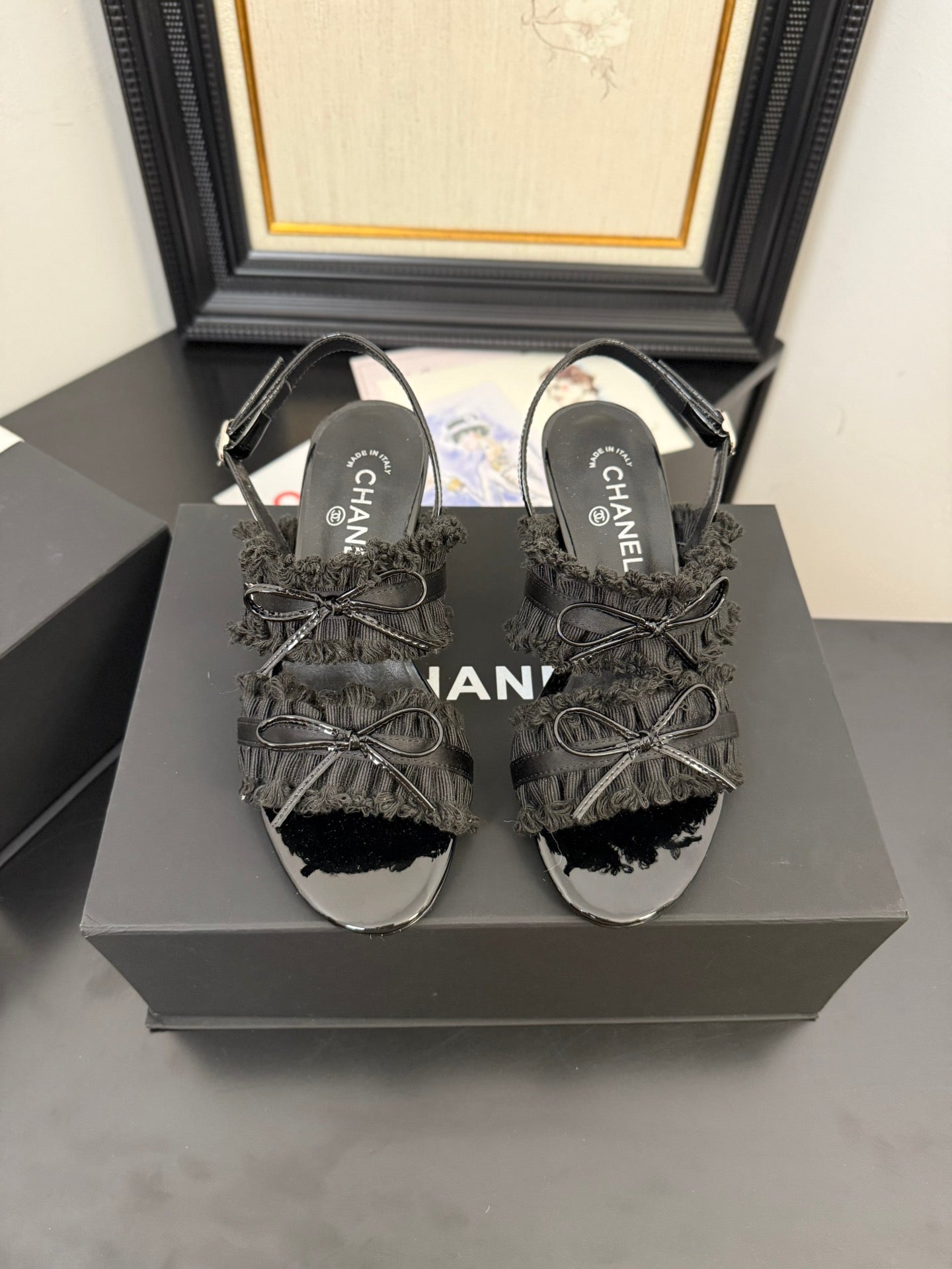 CHANEL BLACK GROSGRAIN CANVAS BOW SLINGBACK SANDALS 65 MM