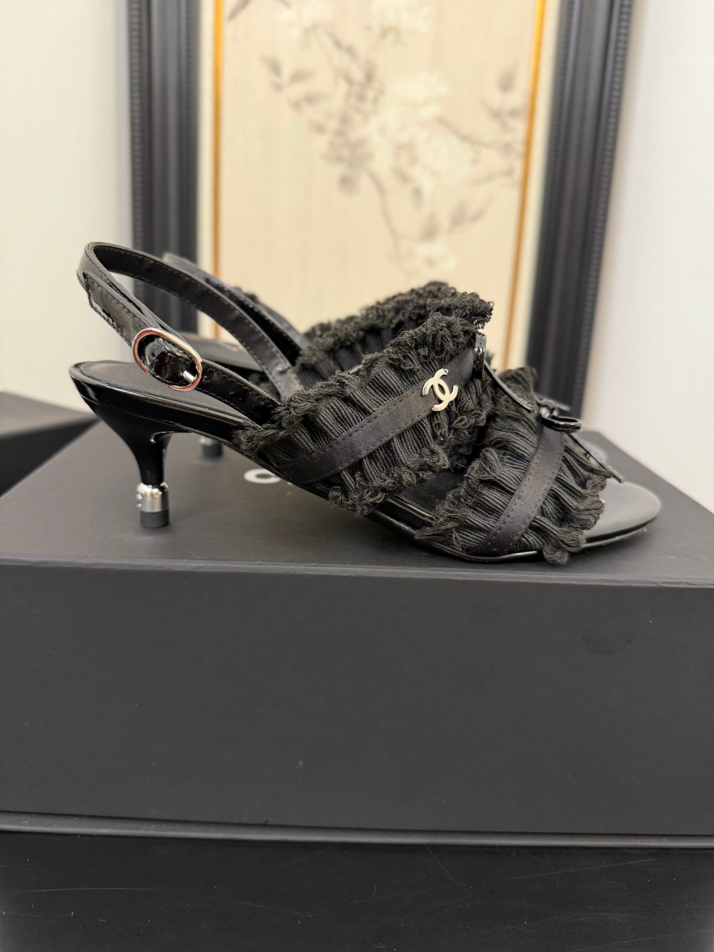 CHANEL BLACK GROSGRAIN CANVAS BOW SLINGBACK SANDALS 65 MM