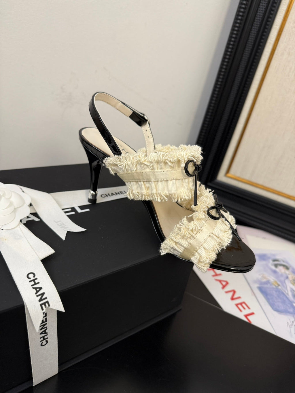 CHANEL WHITE GROSGRAIN CANVAS BOW SLINGBACK SANDALS