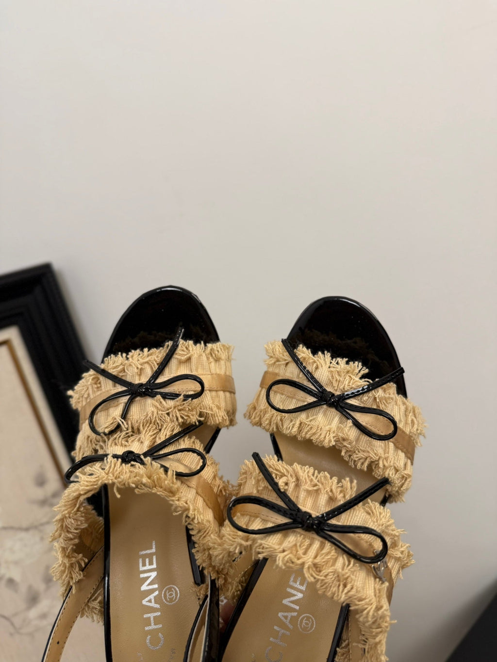 CHANEL SAND YELLOW GROSGRAIN CANVAS BOW SLINGBACK SANDALS