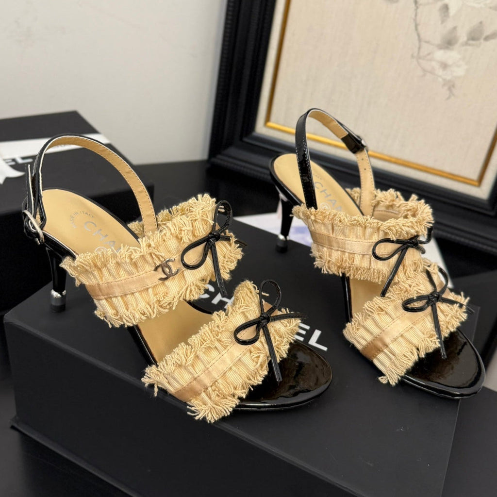 CHANEL SAND YELLOW GROSGRAIN CANVAS BOW SLINGBACK SANDALS