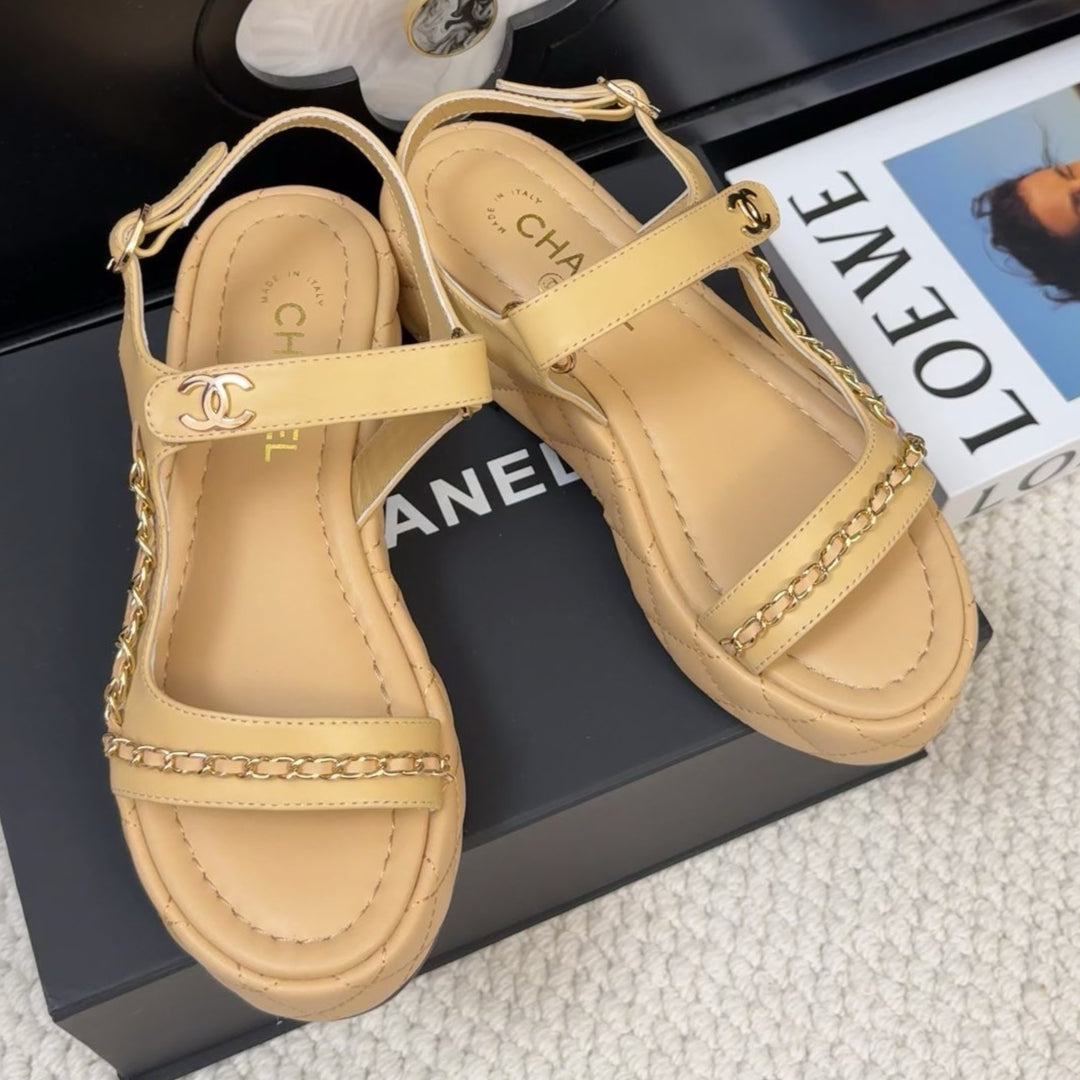 CHANEL THICK-SOLED SANDALS 55 MM IN SAND YELLOW CALFSKIN