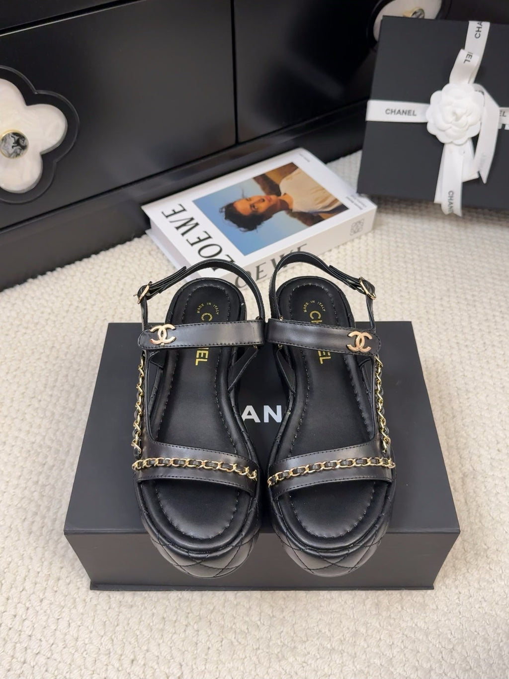 CHANEL THICK-SOLED SANDALS 55 MM IN BLACK CALFSKIN