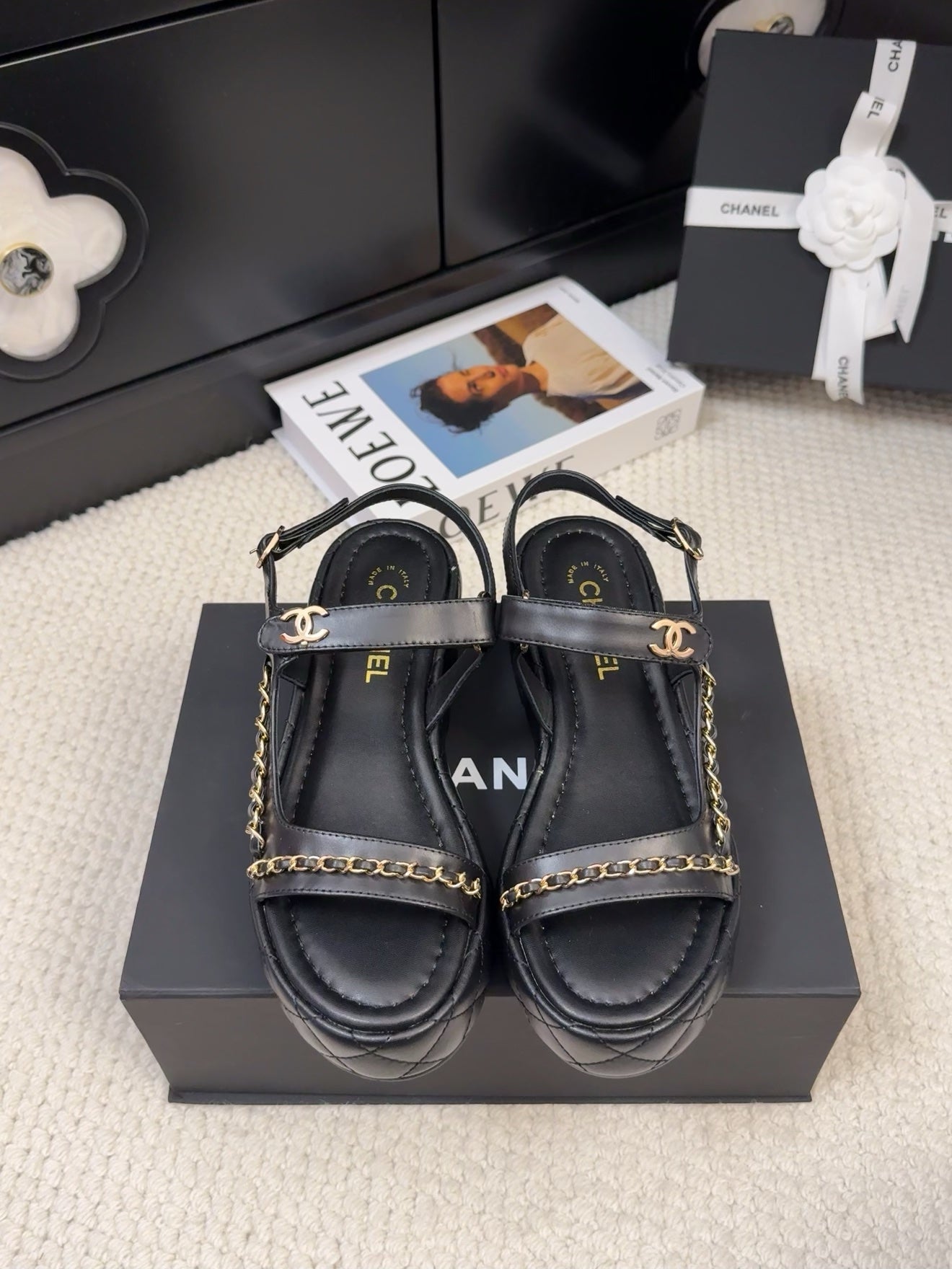 CHANEL THICK-SOLED SANDALS 55 MM IN BLACK CALFSKIN