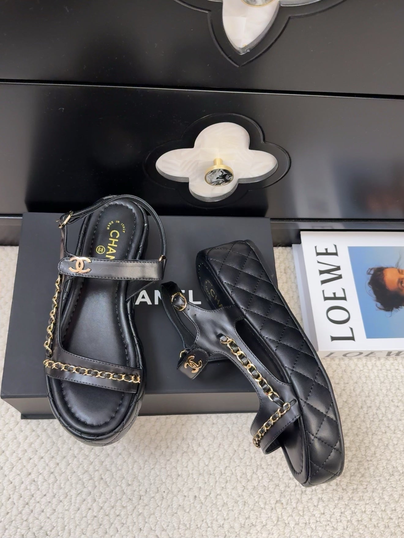 CHANEL THICK-SOLED SANDALS 55 MM IN BLACK CALFSKIN