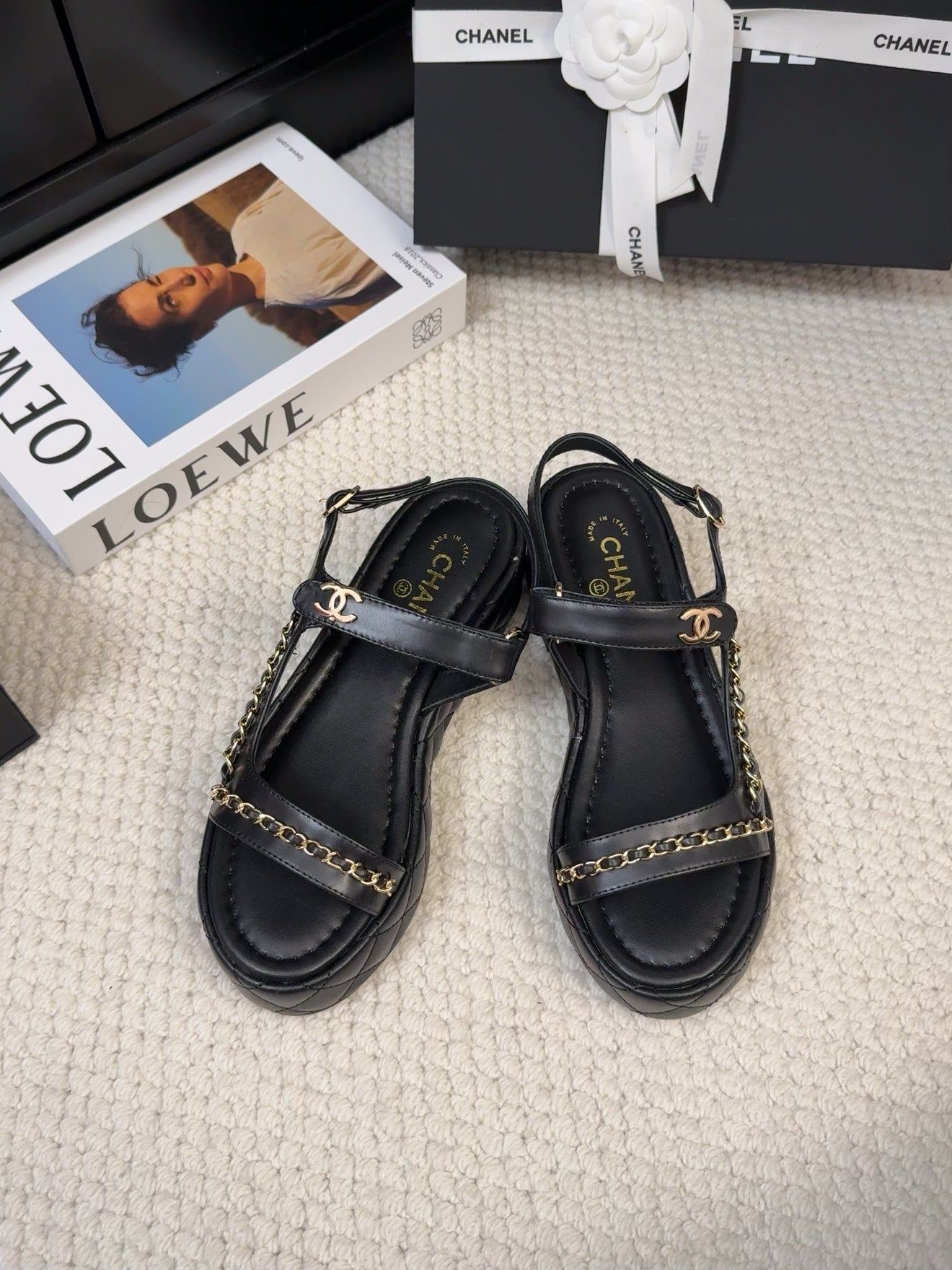 CHANEL THICK-SOLED SANDALS 55 MM IN BLACK CALFSKIN