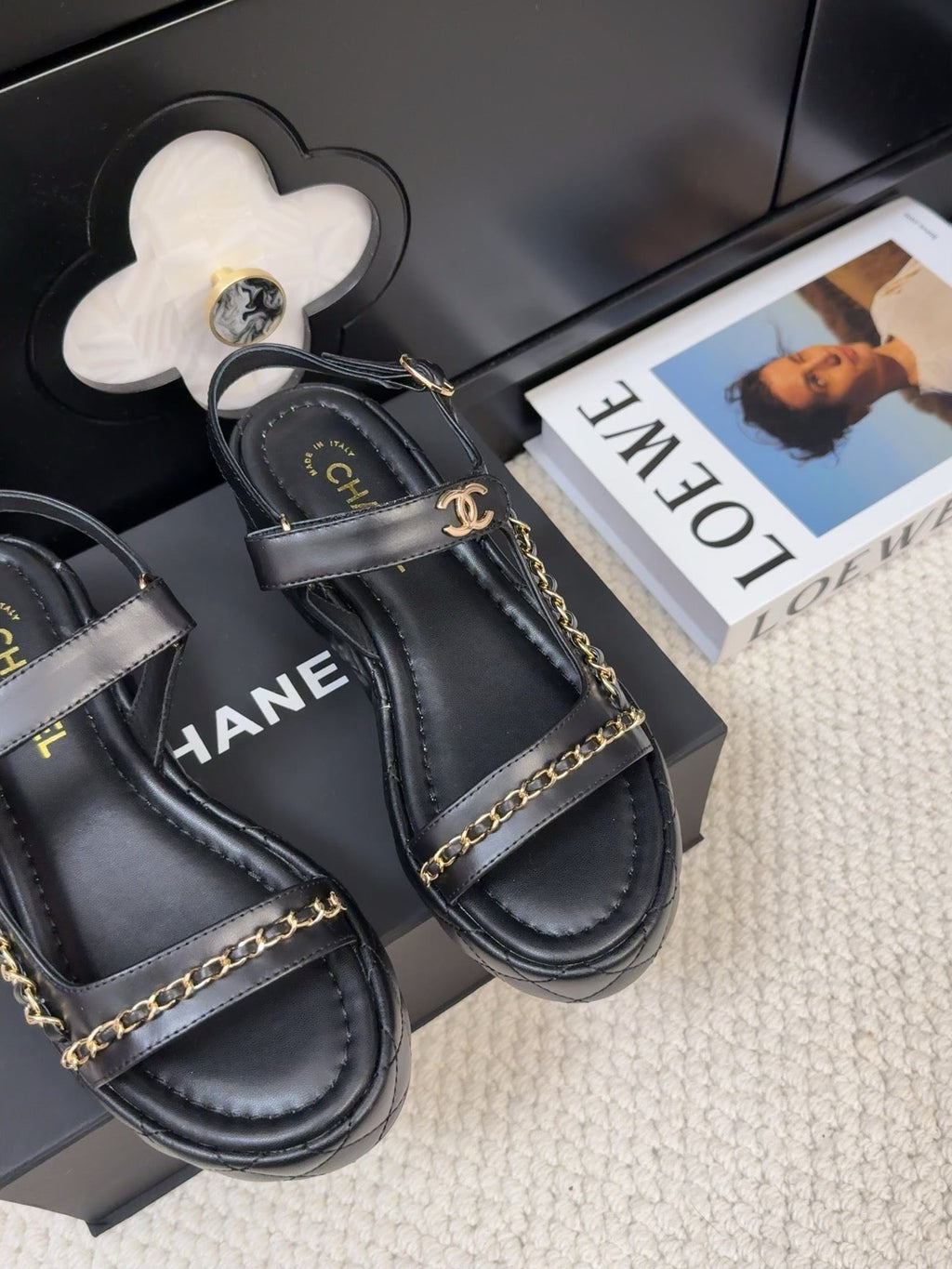CHANEL THICK-SOLED SANDALS 55 MM IN BLACK CALFSKIN