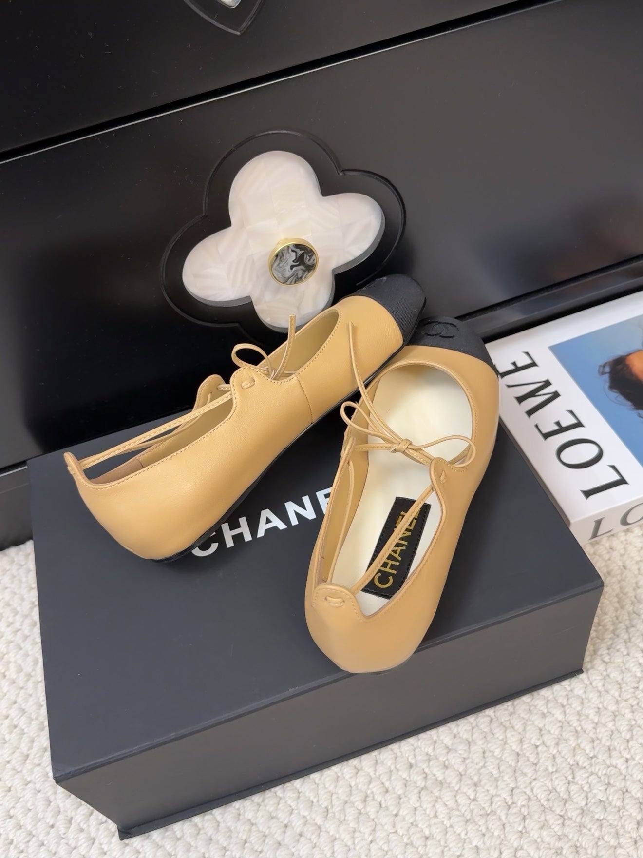 CHANEL FLAT MARY JANE PUMPS IN SUN YELLOW LAMBSKIN MIX BLACK FABRIC