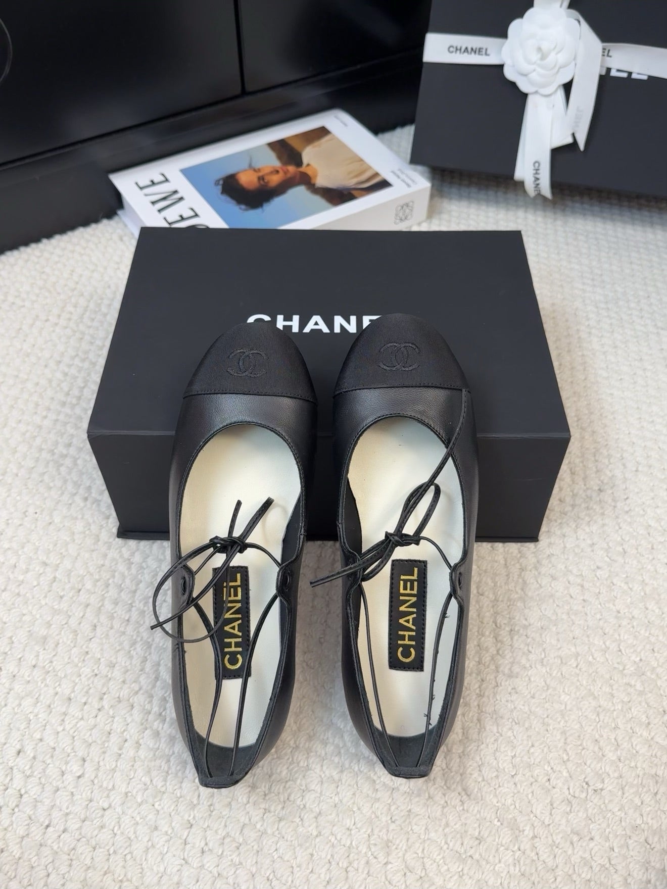 CHANEL FLAT MARY JANE PUMPS BLACK LAMBSKIN