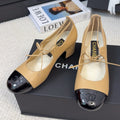 CHANEL MARY JANE PUMPS 55 MM IN SAND YELLOW MIX BLACK LAMBSKIN