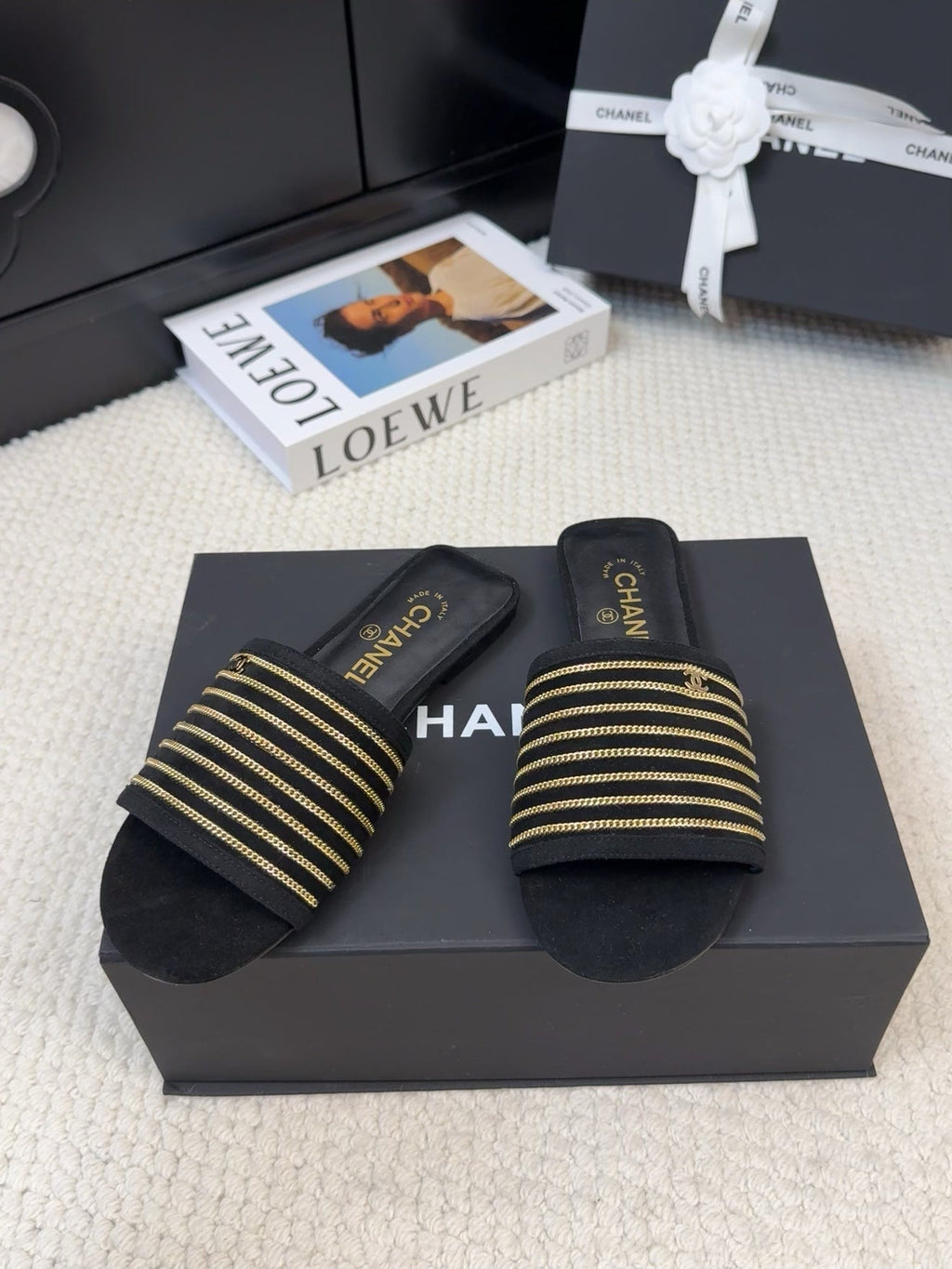 CHANEL FLAT SLIDE IN BLACK SUEDE WITH GOLD CRYSTALS