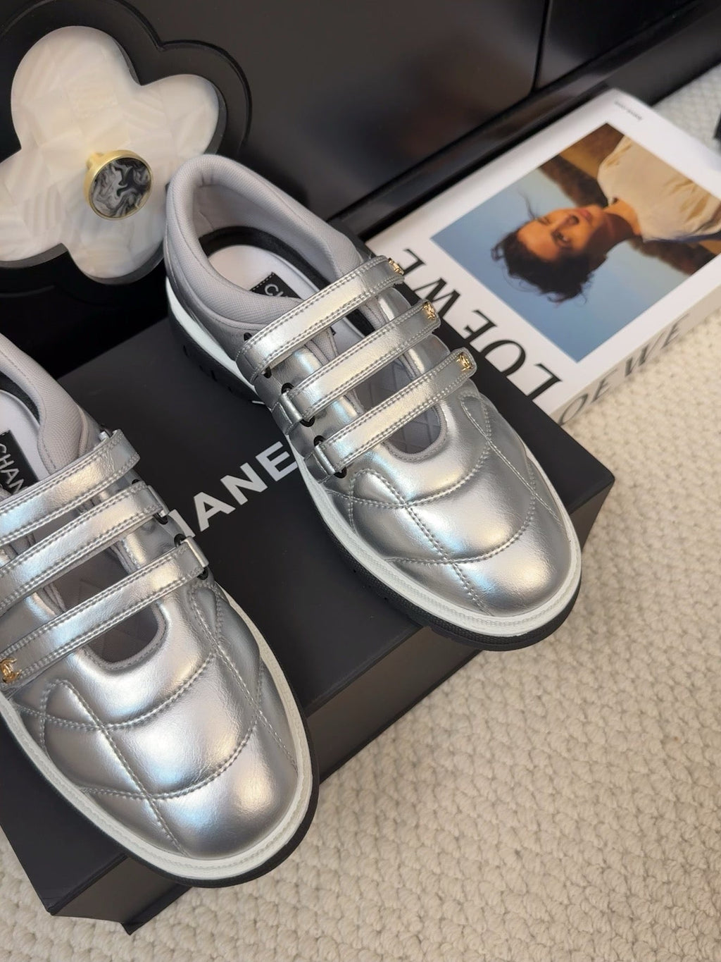 CHANEL SNEAKERS WITH THREE STRAPS IN SILVER CALFSKIN