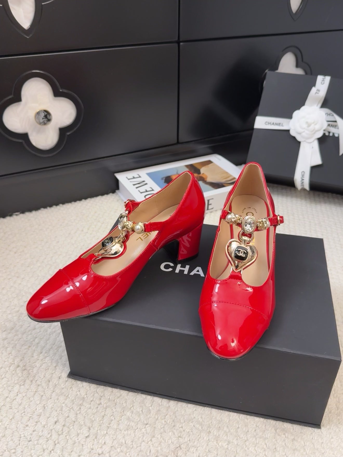 CHANEL MARY JANE SHOES IN RUBY RED PATENT CALFSKIN 55 MM