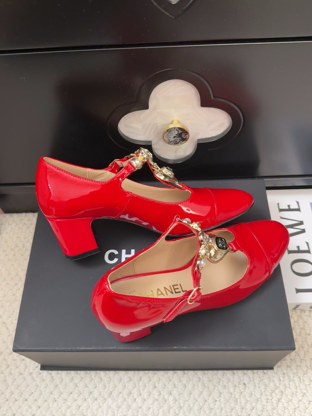 CHANEL MARY JANE SHOES IN RUBY RED PATENT CALFSKIN 55 MM