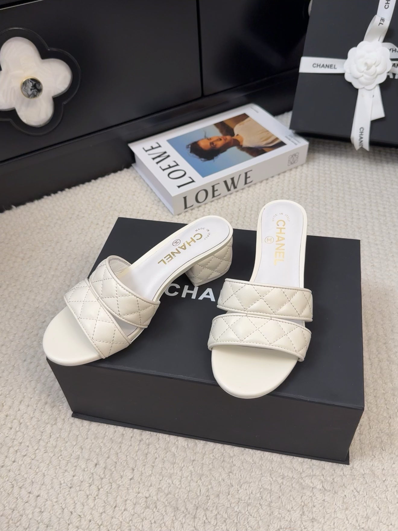 CHANEL 25C Mule Sandal 45mm Open Heel White Lambskin 233495