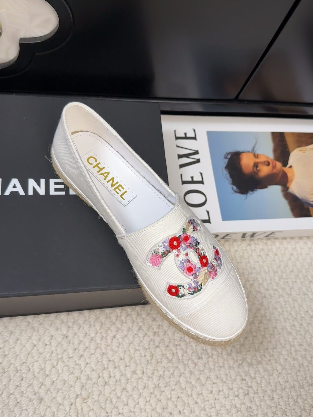 CHANEL LOAFER IN WHITE CANVAS WITH COLORFUL LOGO