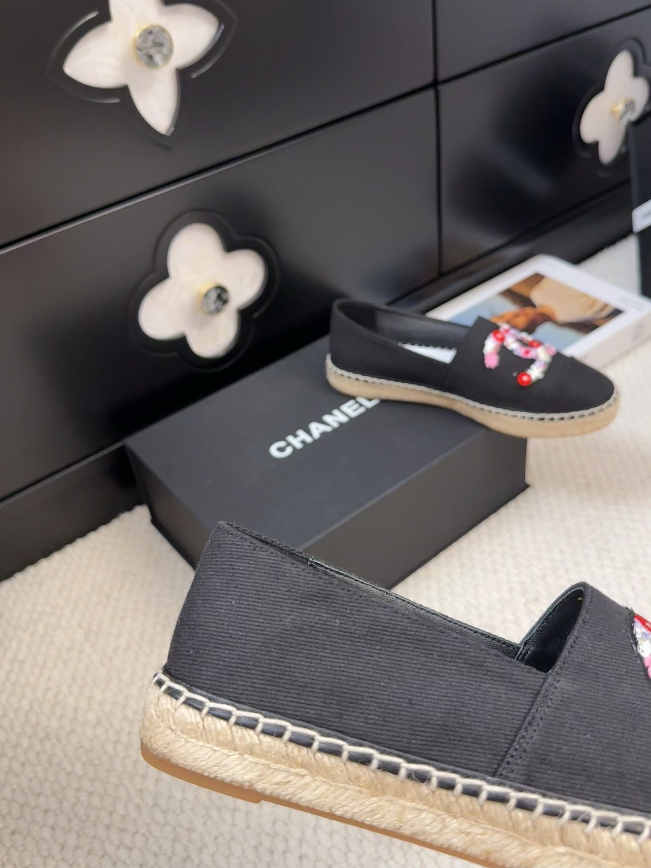 CHANEL LOAFER IN BLACK CANVAS WITH COLORFUL LOGO