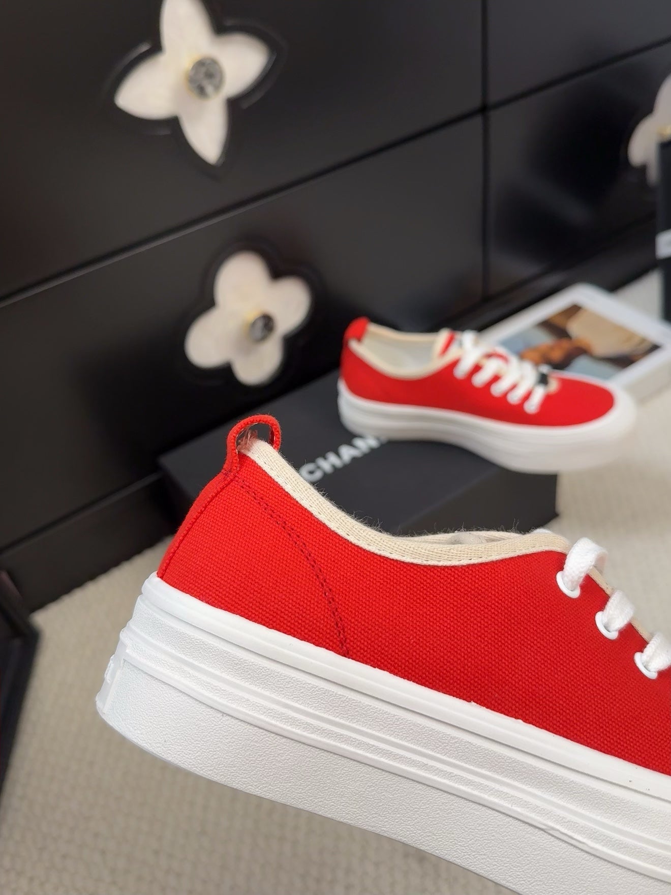 CHANEL TRAINERS SHOES IN ORANGE RED FABRIC