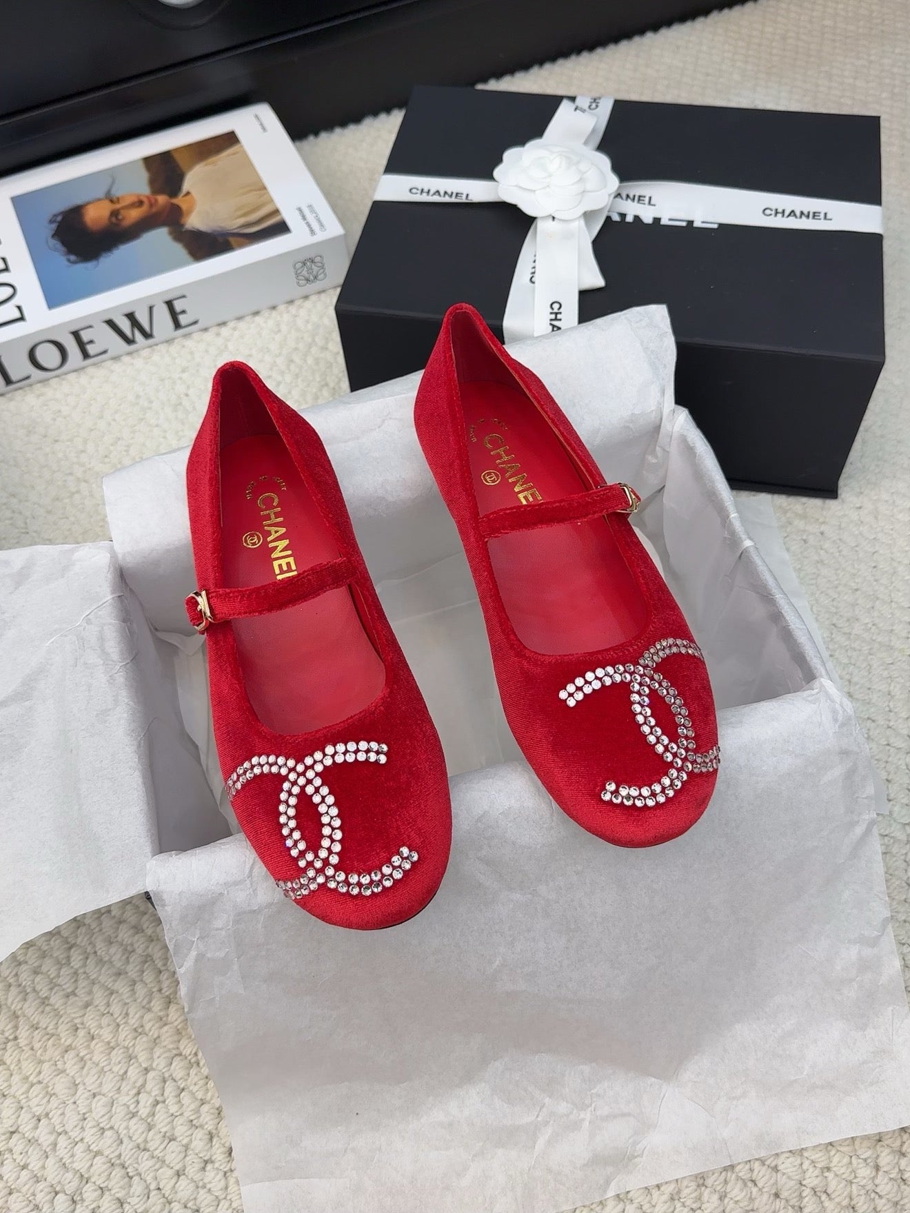 CHANEL MARY JANE SHOES IN CHERRY RED VELVET WITH CRYSTALS LOGO
