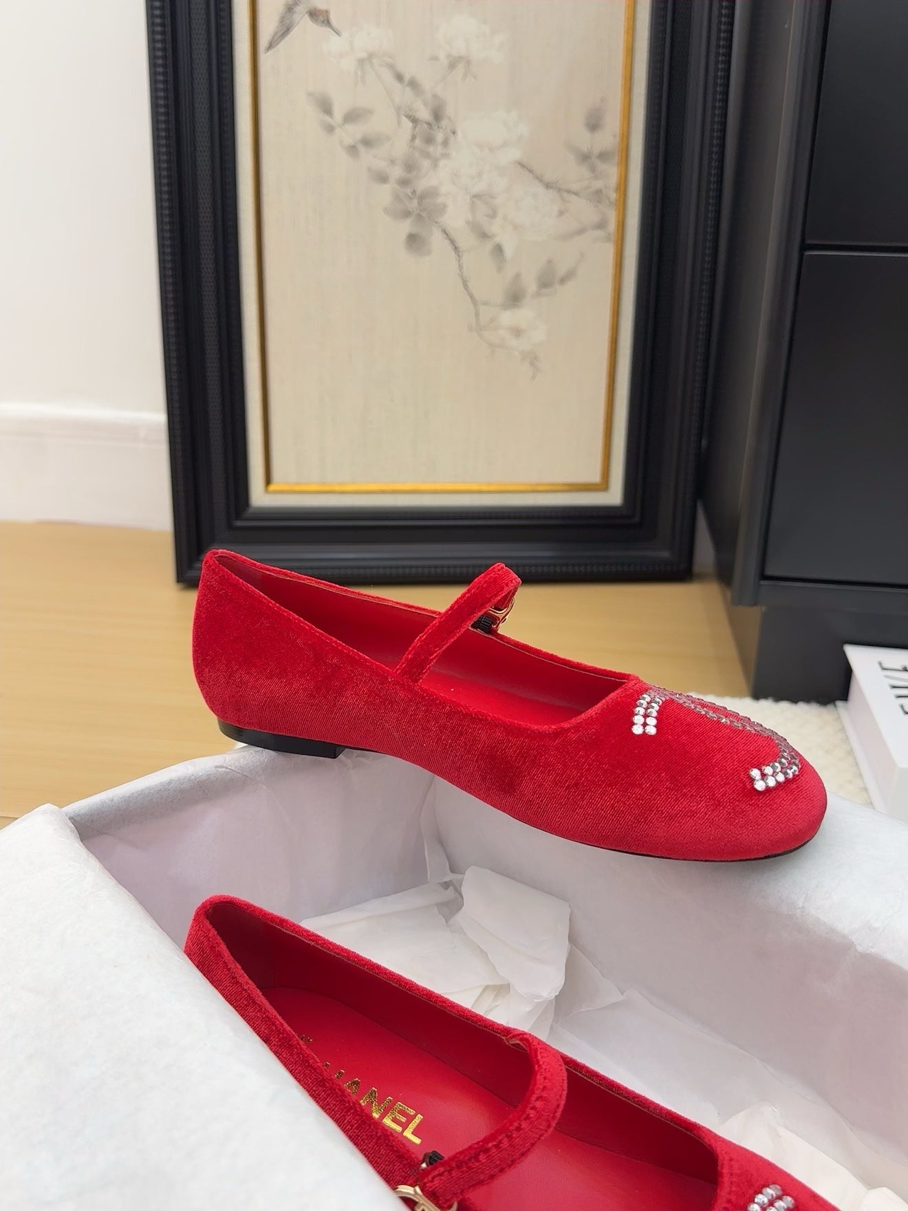 CHANEL MARY JANE SHOES IN CHERRY RED VELVET WITH CRYSTALS LOGO