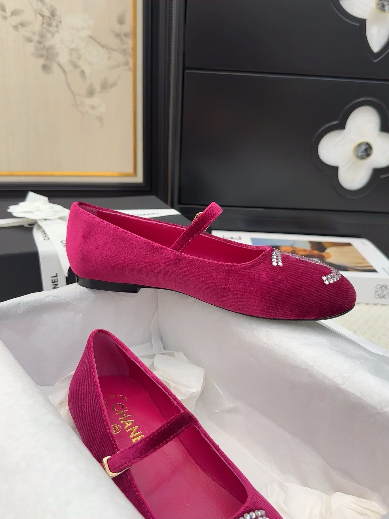 CHANEL MARY JANE SHOES IN JAM PURPLE VELVET WITH CRYSTALS LOGO