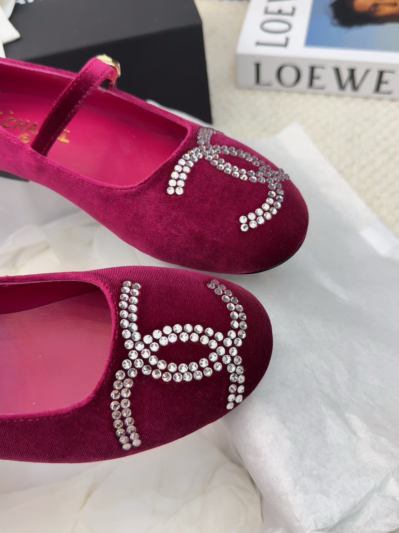 CHANEL MARY JANE SHOES IN JAM PURPLE VELVET WITH CRYSTALS LOGO