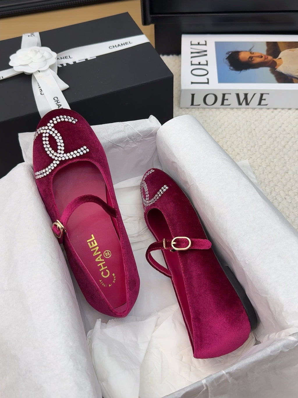 CHANEL MARY JANE SHOES IN JAM PURPLE VELVET WITH CRYSTALS LOGO