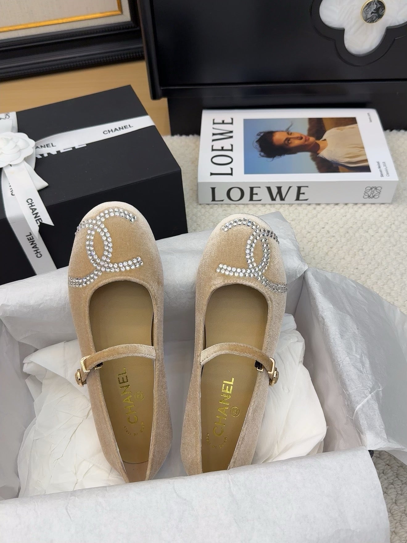 CHANEL MARY JANE SHOES IN SAND BROWN VELVET WITH CRYSTALS LOGO