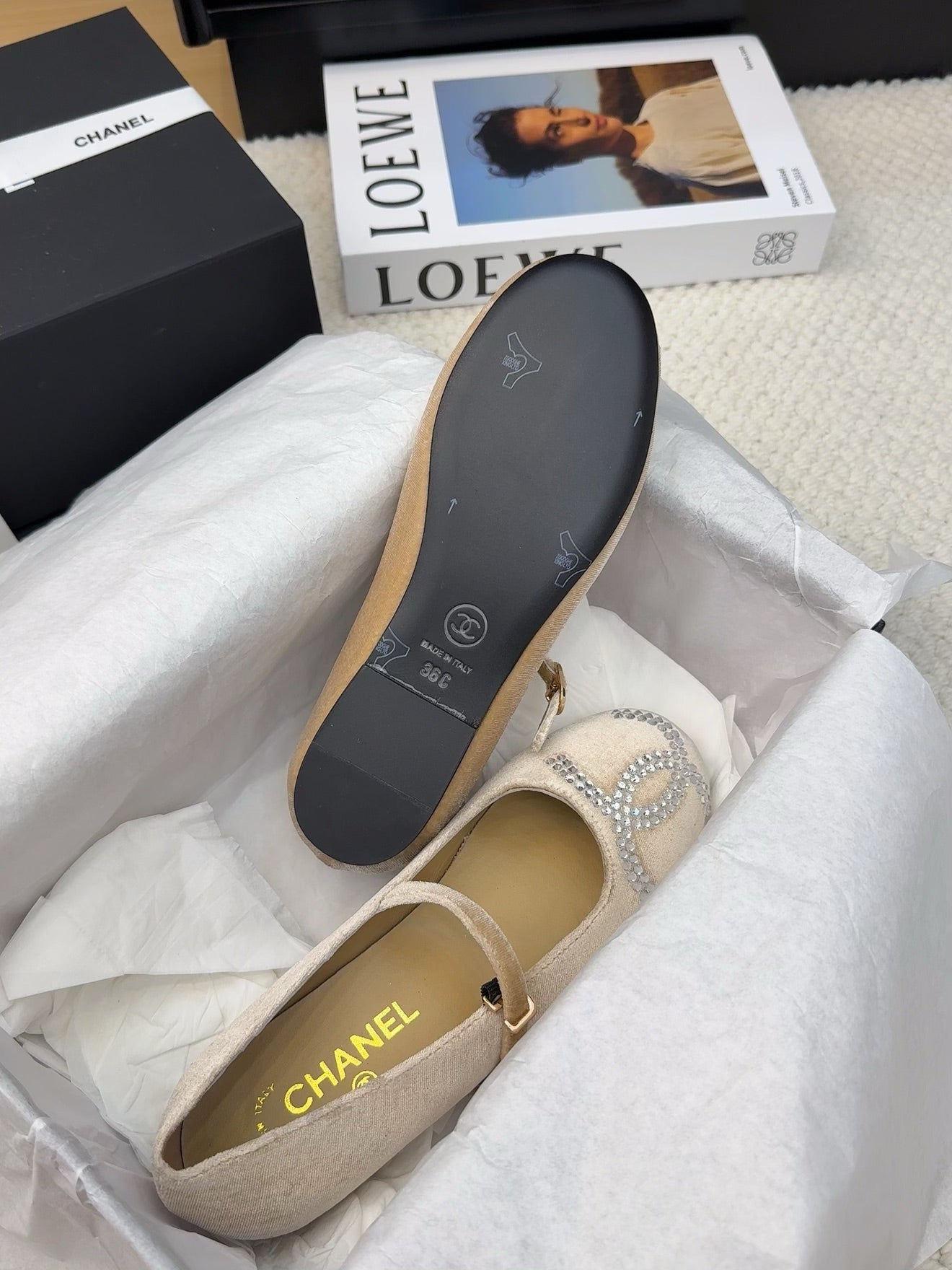 CHANEL MARY JANE SHOES IN SAND BROWN VELVET WITH CRYSTALS LOGO