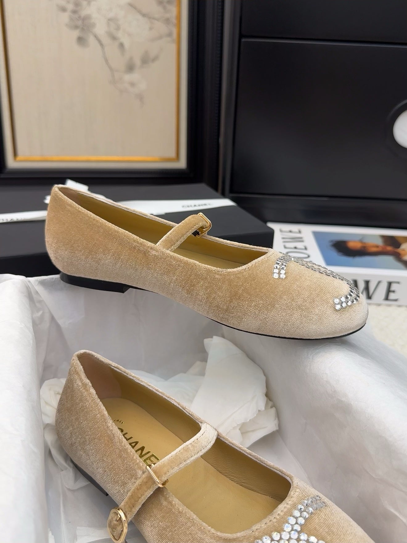CHANEL MARY JANE SHOES IN SAND BROWN VELVET WITH CRYSTALS LOGO