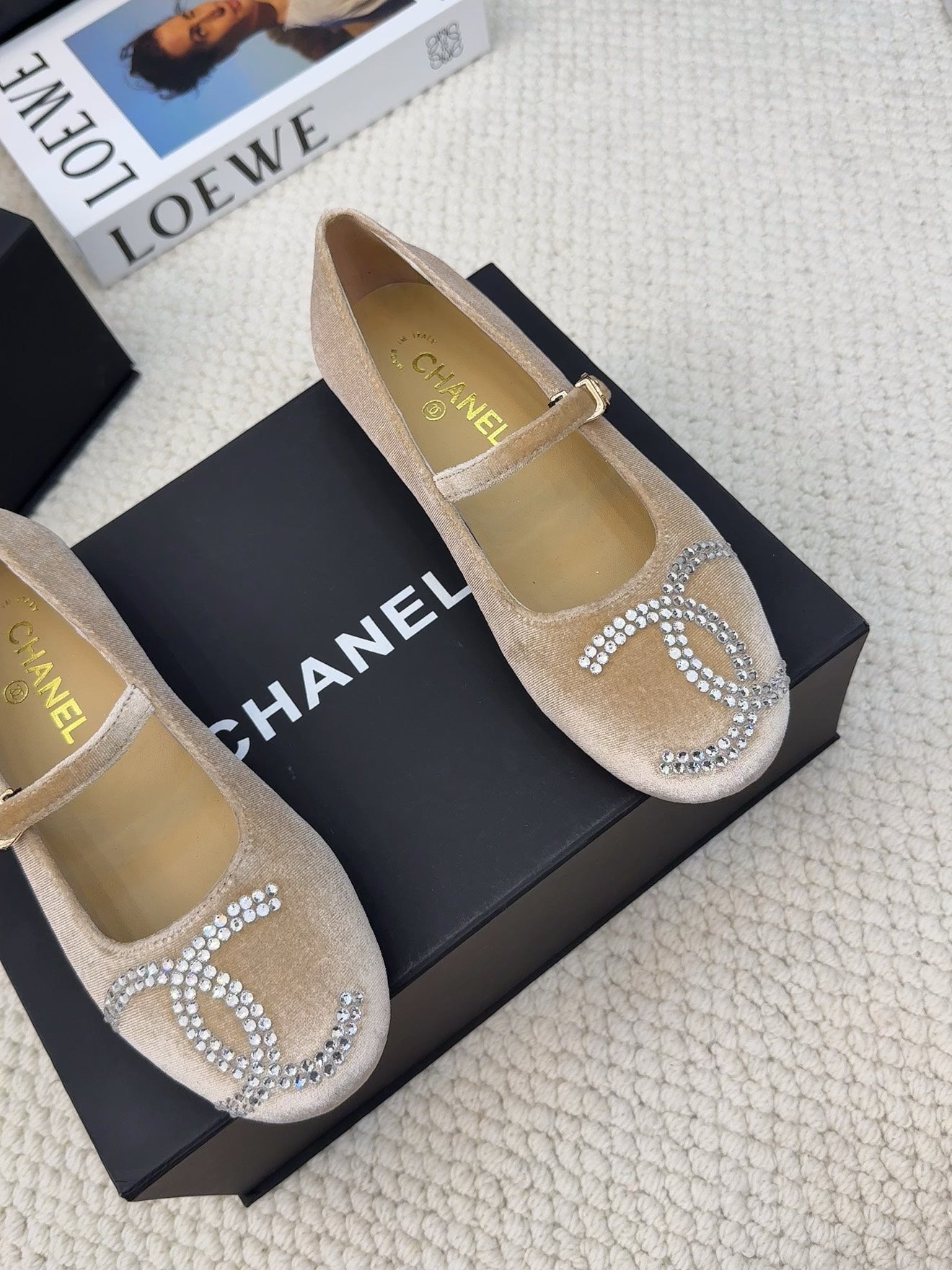 CHANEL MARY JANE SHOES IN SAND BROWN VELVET WITH CRYSTALS LOGO