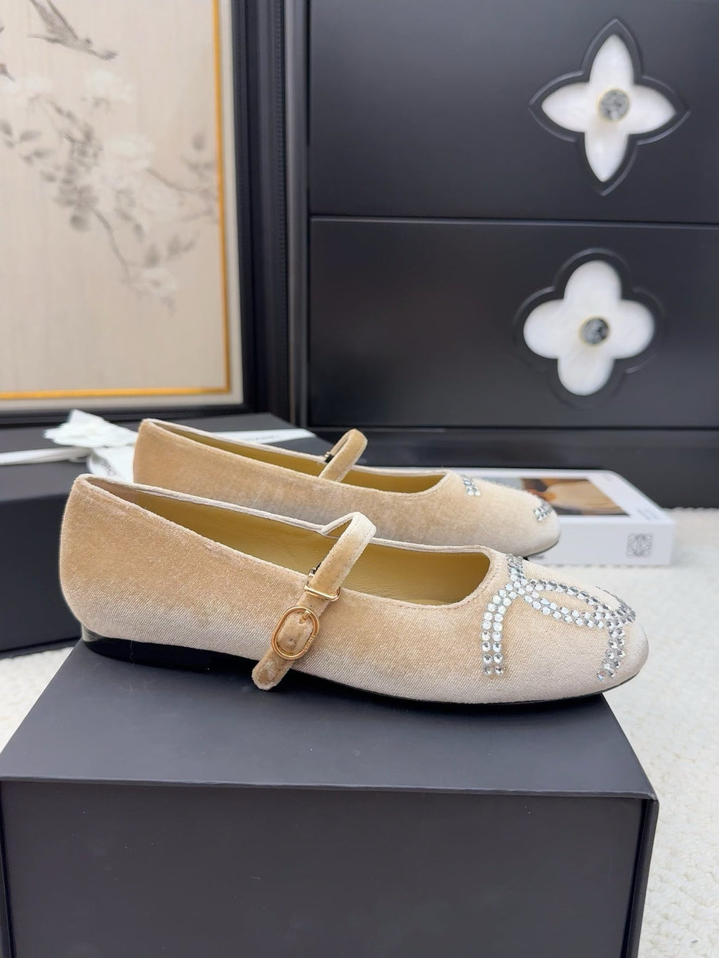 CHANEL MARY JANE SHOES IN SAND BROWN VELVET WITH CRYSTALS LOGO