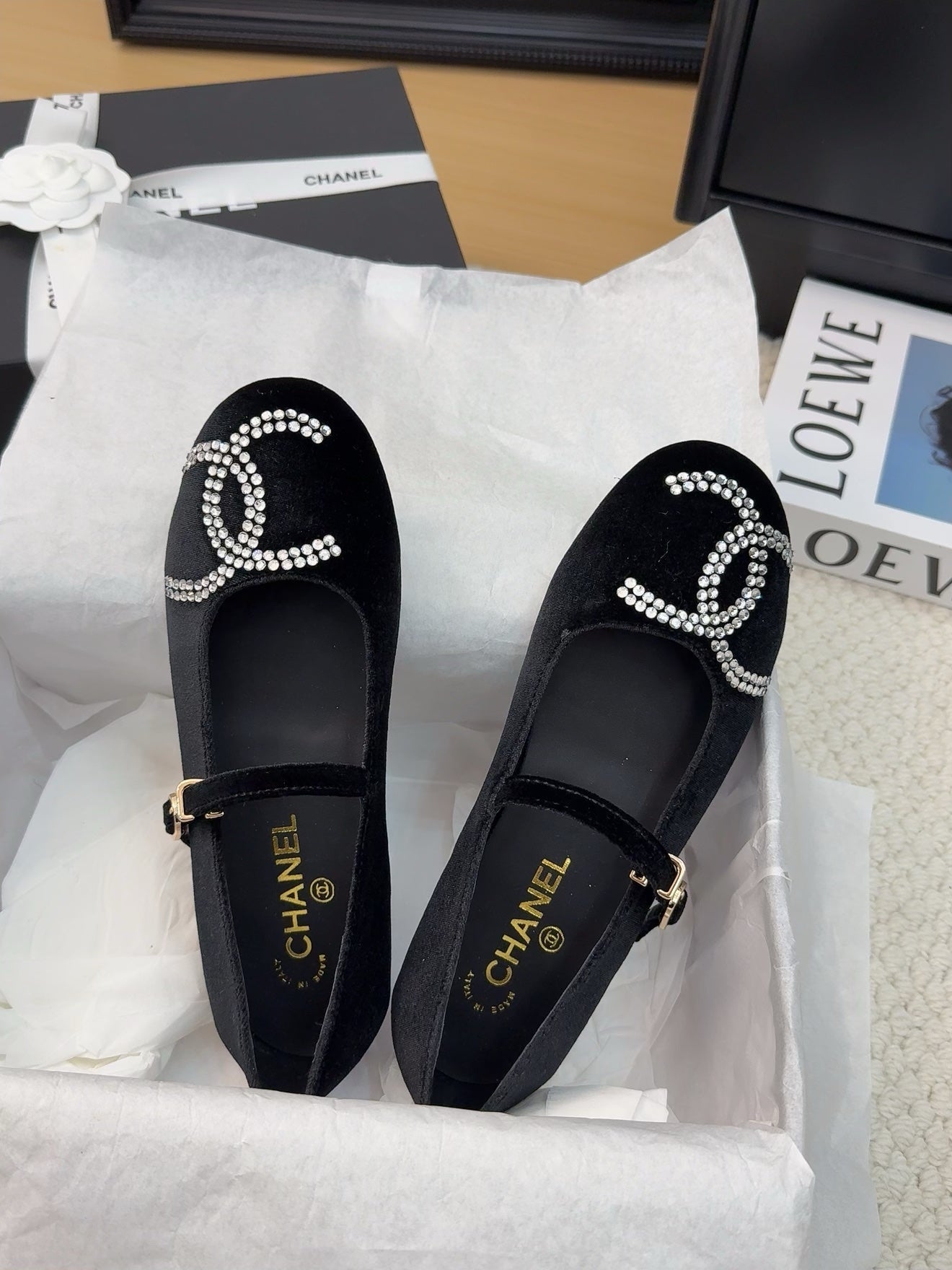 CHANEL MARY JANE SHOES IN BLACK VELVET WITH CRYSTALS LOGO