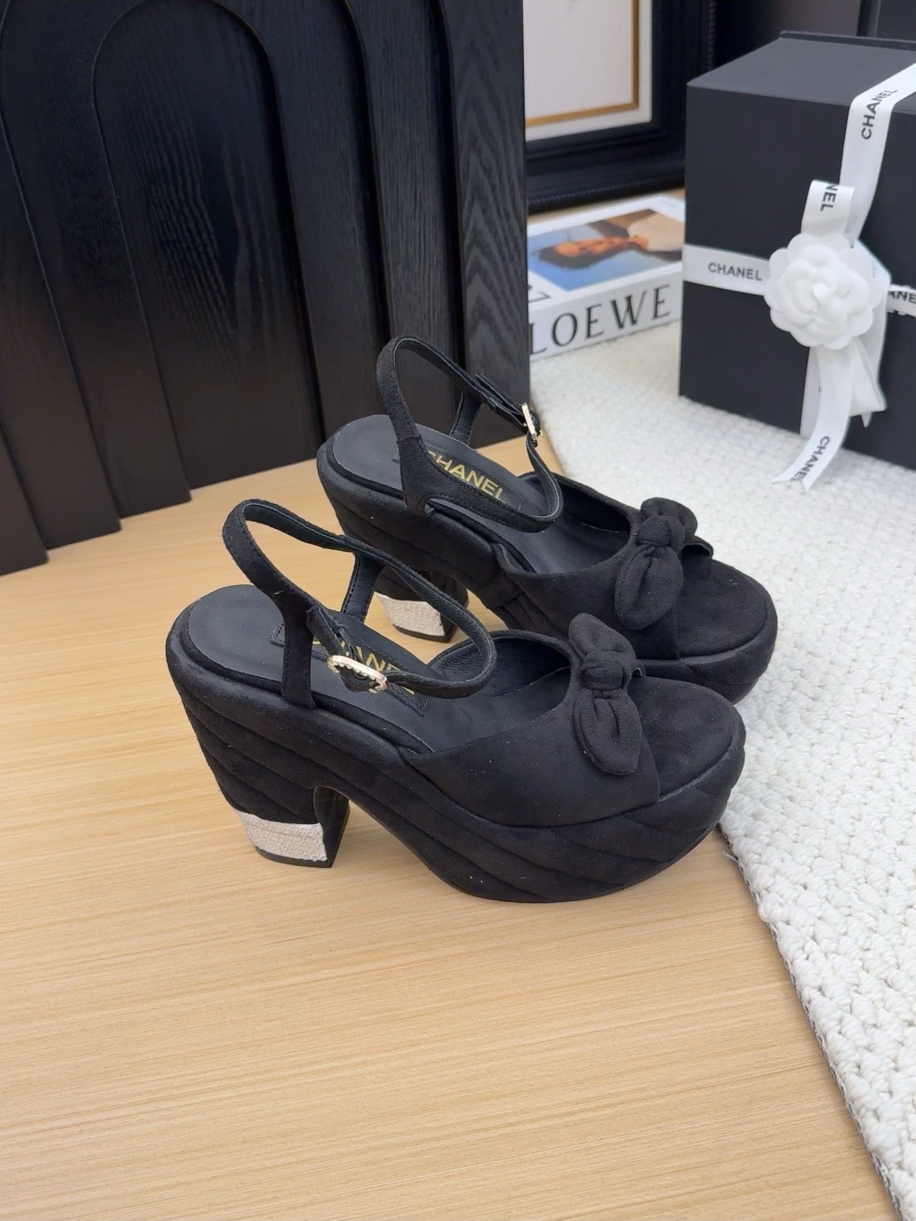 CHANEL HIGH 12 CM PLATFORM SANDALS IN BLACK SUEDE