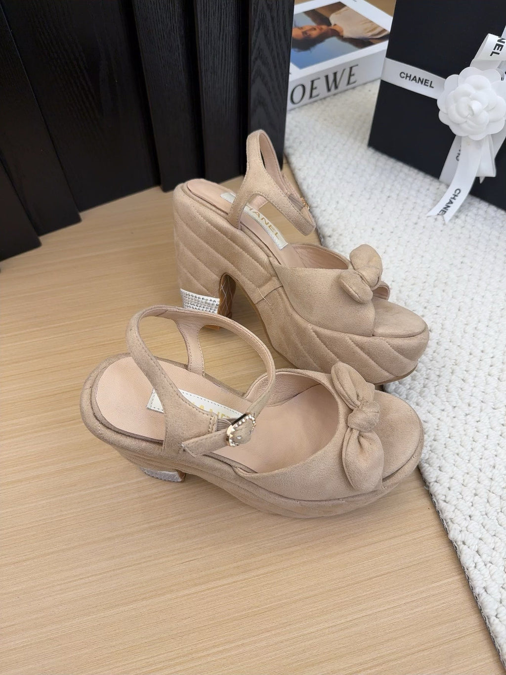 CHANEL HIGH 12 CM PLATFORM SANDALS IN CAMEL BEIGE SUEDE