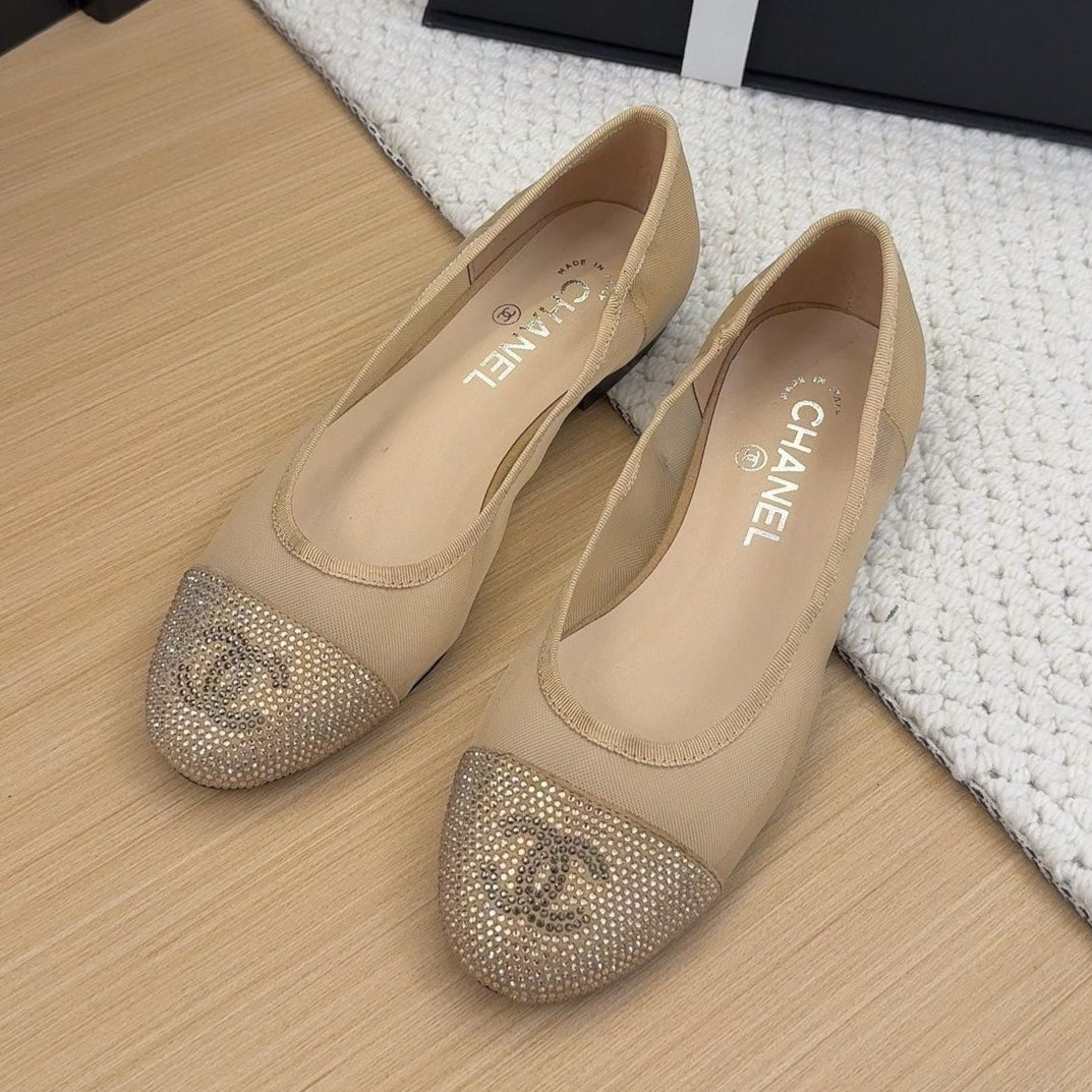 CHANEL BALLET FLAT IN CAMEL BEIGE FABRIC AND MESH WITH CRYSTALS