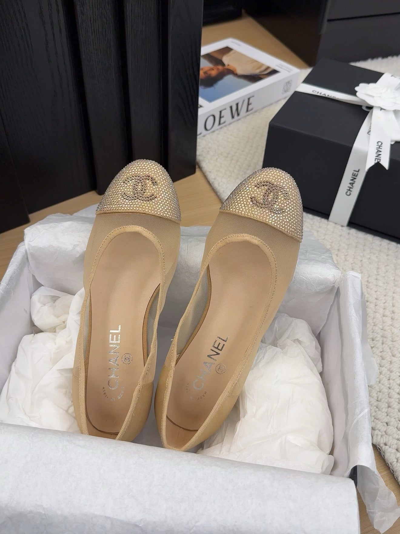 CHANEL BALLET FLAT IN CAMEL BEIGE FABRIC AND MESH WITH CRYSTALS