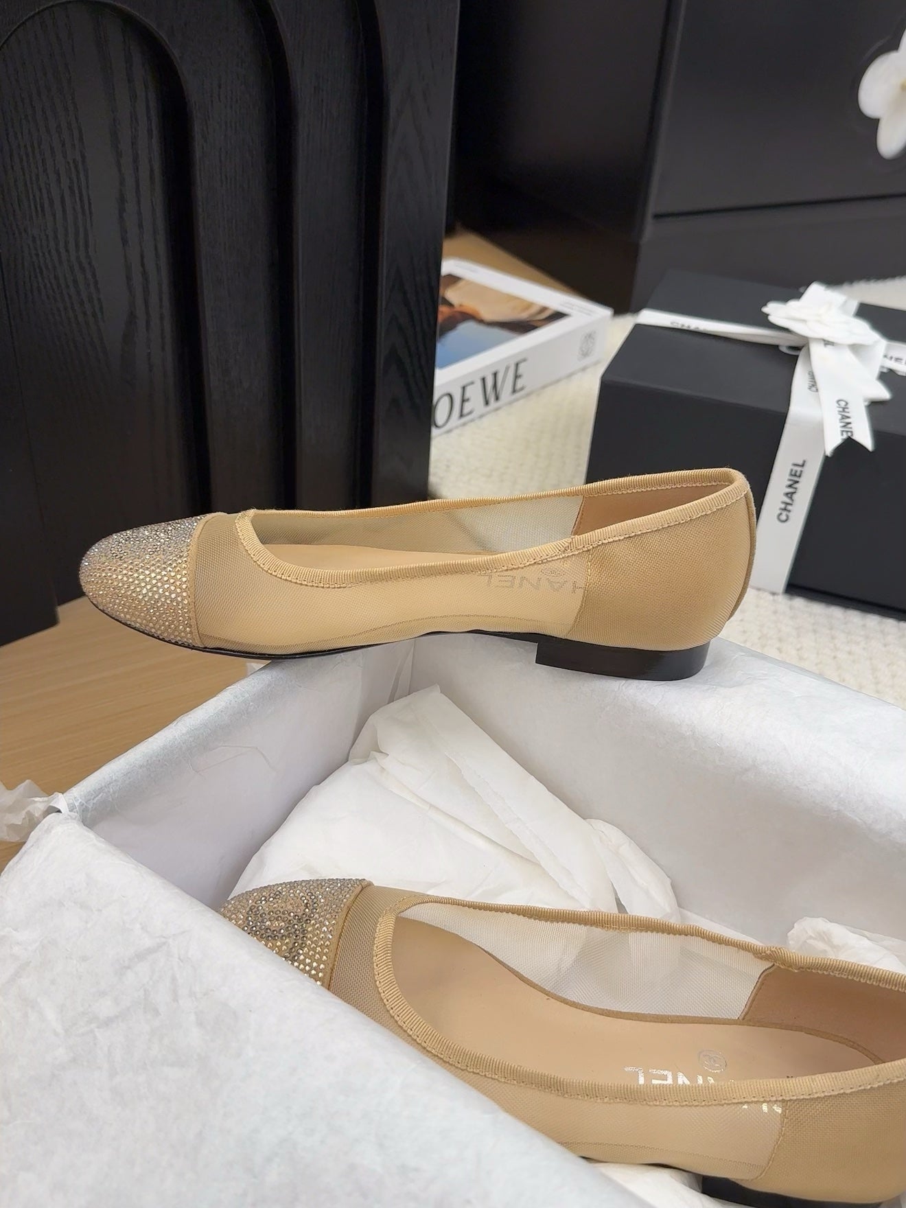 CHANEL BALLET FLAT IN CAMEL BEIGE FABRIC AND MESH WITH CRYSTALS