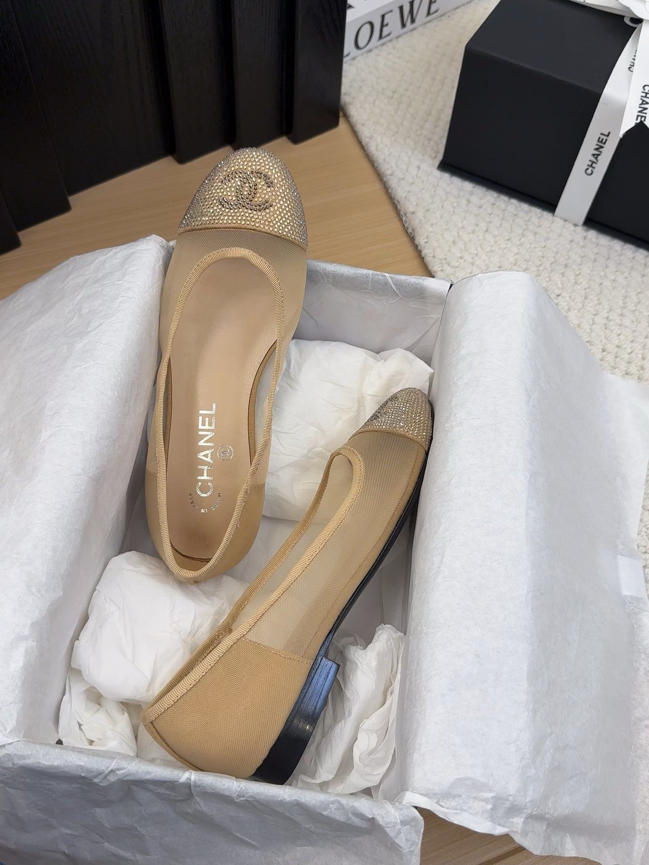 CHANEL BALLET FLAT IN CAMEL BEIGE FABRIC AND MESH WITH CRYSTALS
