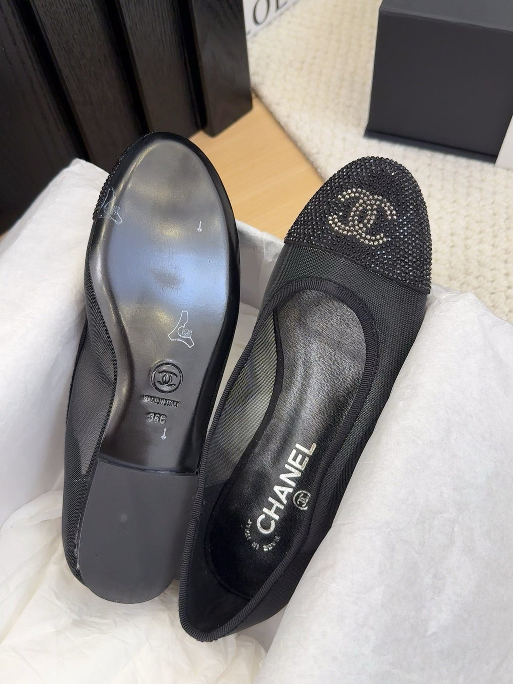 CHANEL BALLET FLAT IN BLACK FABRIC AND MESH WITH CRYSTALS