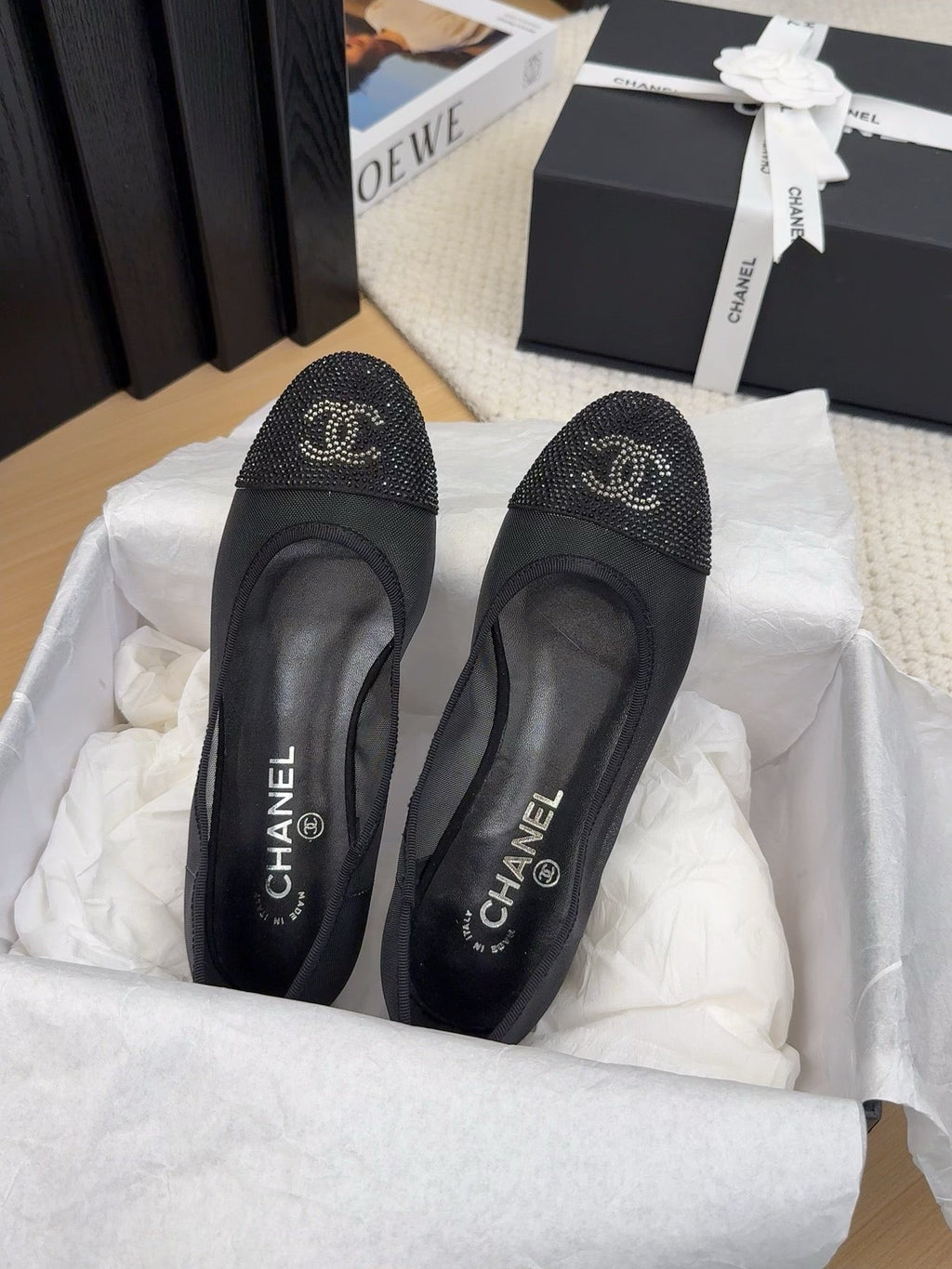 CHANEL BALLET FLAT IN BLACK FABRIC AND MESH WITH CRYSTALS