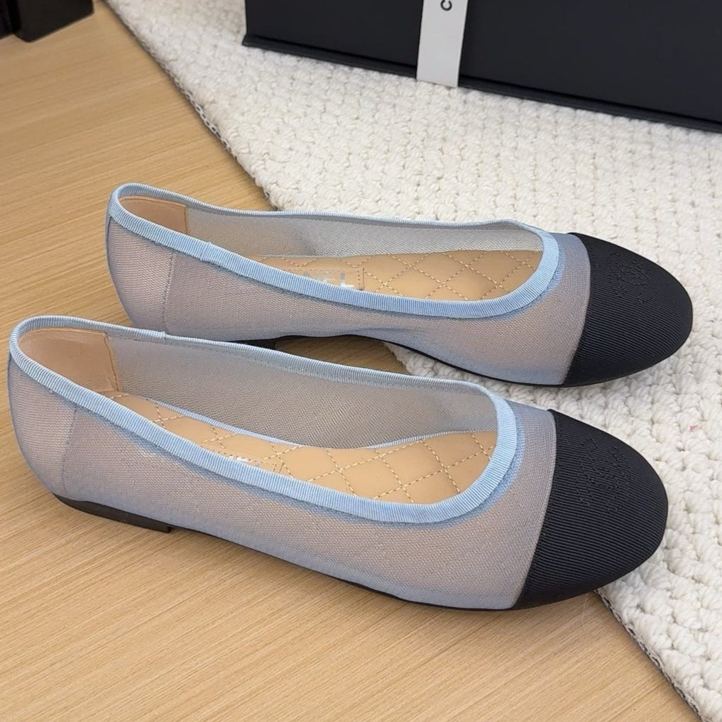CHANEL BALLET FLAT IN BLACK FABRIC AND BABY BLUE MESH