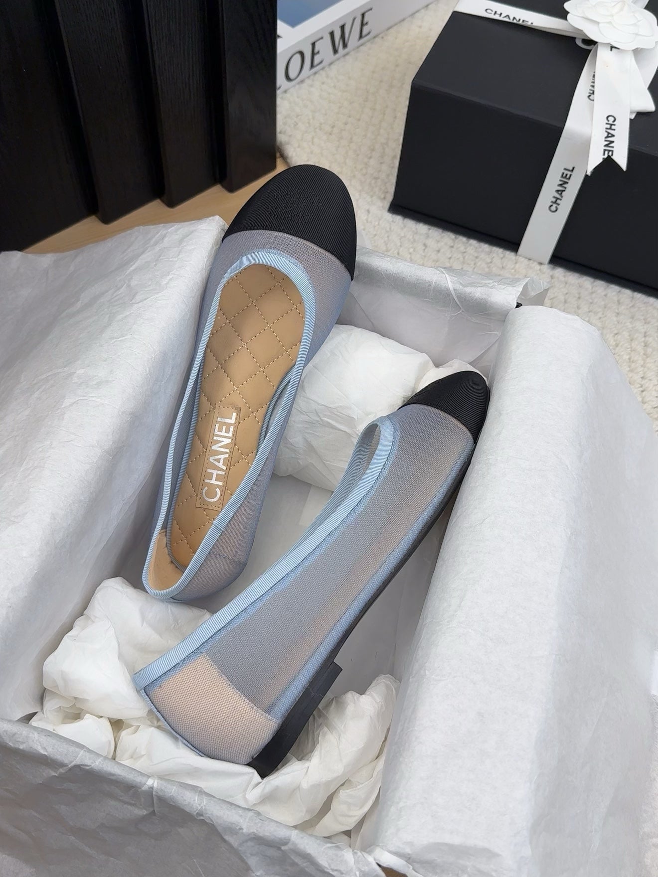 CHANEL BALLET FLAT IN BLACK FABRIC AND BABY BLUE MESH