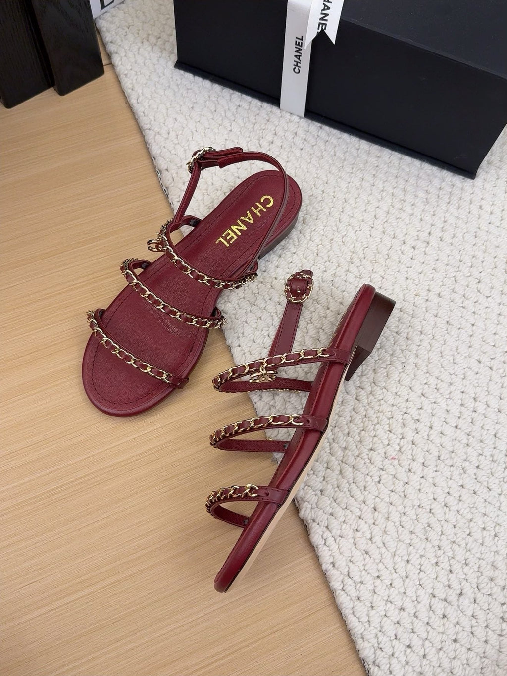 CHANEL THREE-STRAPS SANDALS IN JAM RED CALFSKIN WITH GOLD HARDWARE