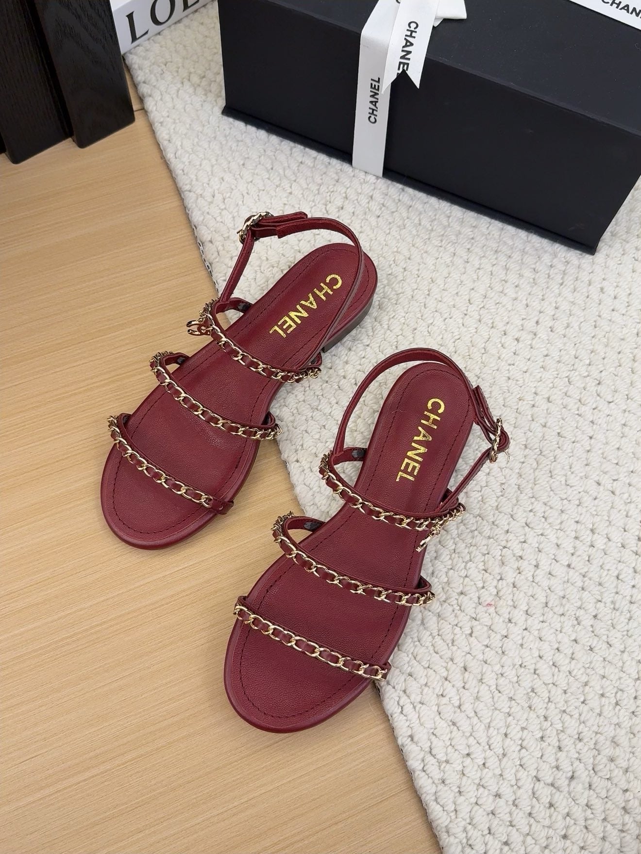 CHANEL THREE-STRAPS SANDALS IN JAM RED CALFSKIN WITH GOLD HARDWARE