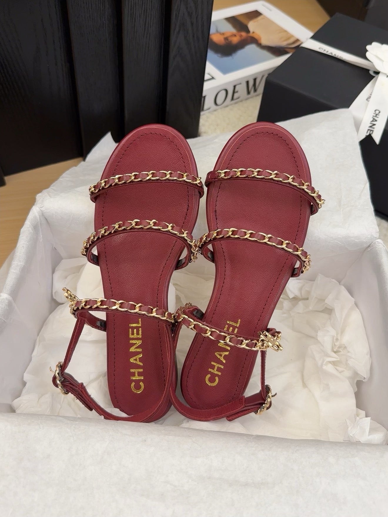 CHANEL THREE-STRAPS SANDALS IN JAM RED CALFSKIN WITH GOLD HARDWARE